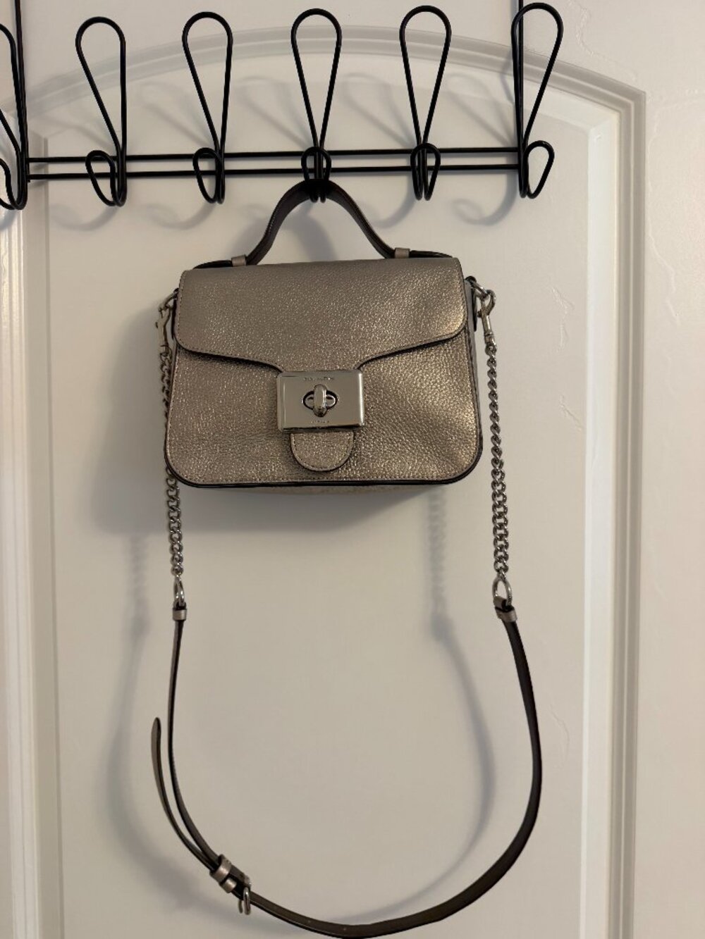 Coach Cassidy Top Handle Crossbody in a metallic silver leather finish